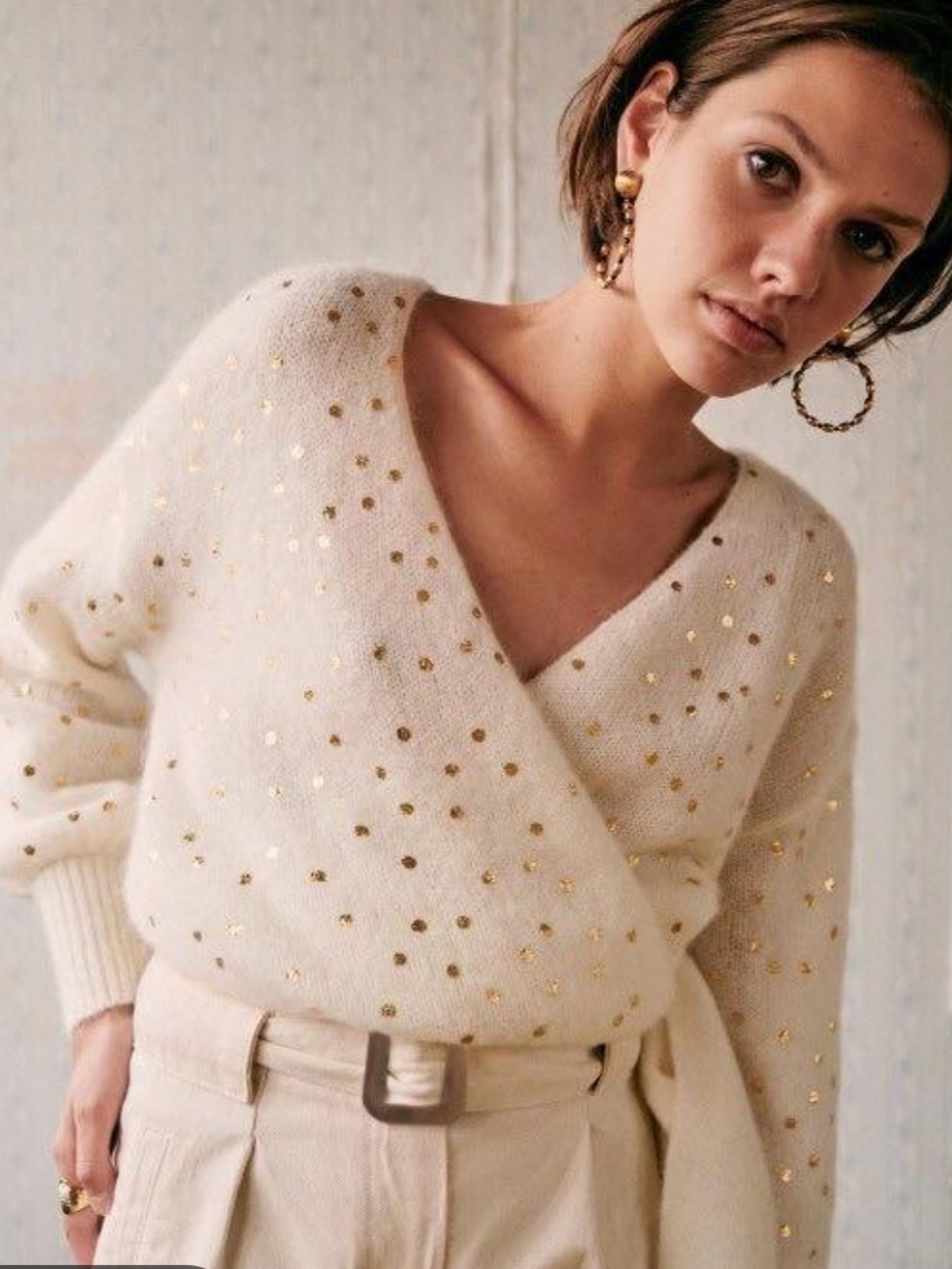 Sezane Maelle Jumper Sweater Wool/Mohair Blend Cream w/Gold Polka Dots Size XS